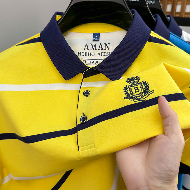 2026 Summer New Classic Striped Men's Short Sleeve Collar Business Versatile Polo Shirt White Blue Yellow