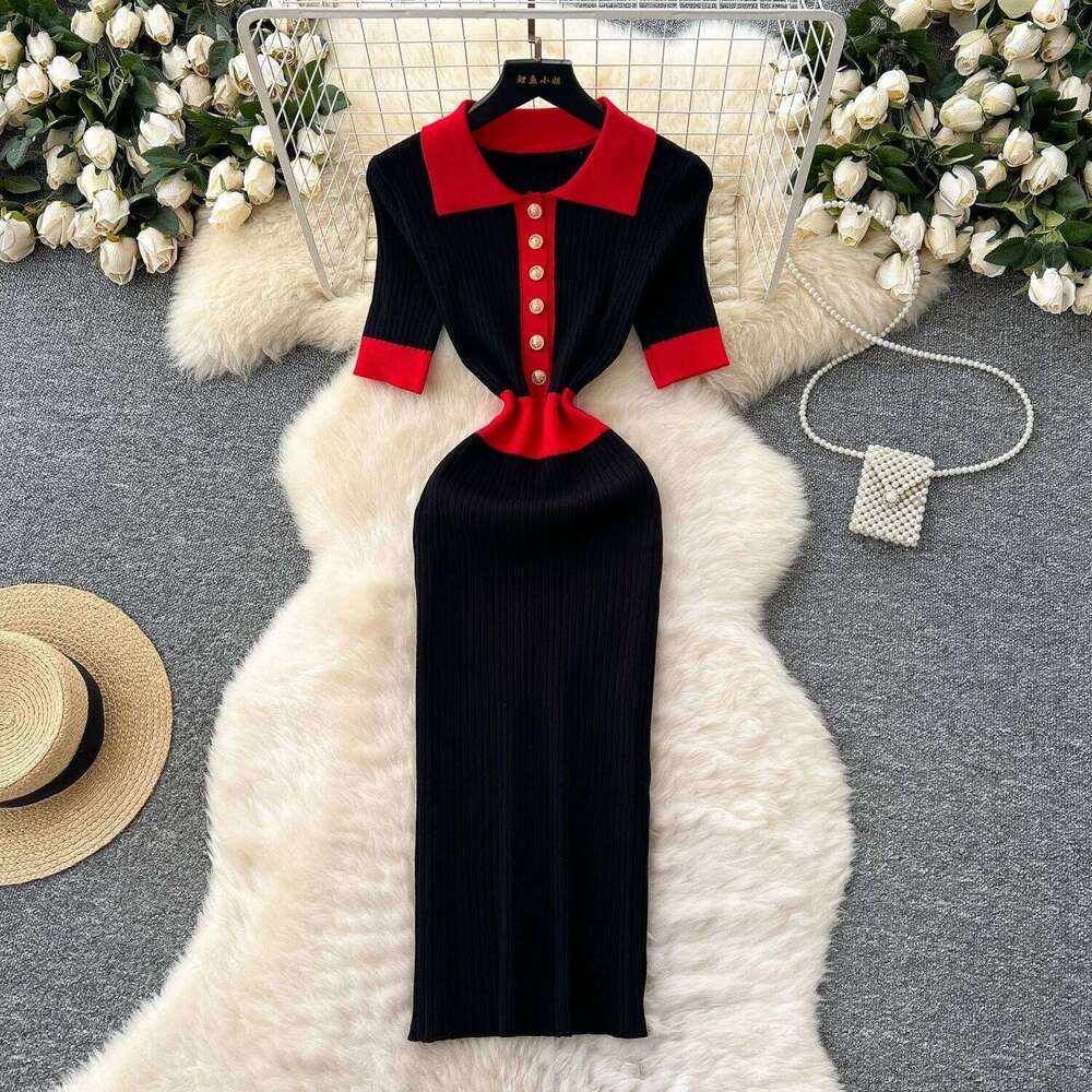 REALEFT Short Sleeve Polo Collar Patchwork Knitted Dress for Women 2025 New Spring Summer Buttons French Style Women's Dresses XJ260131