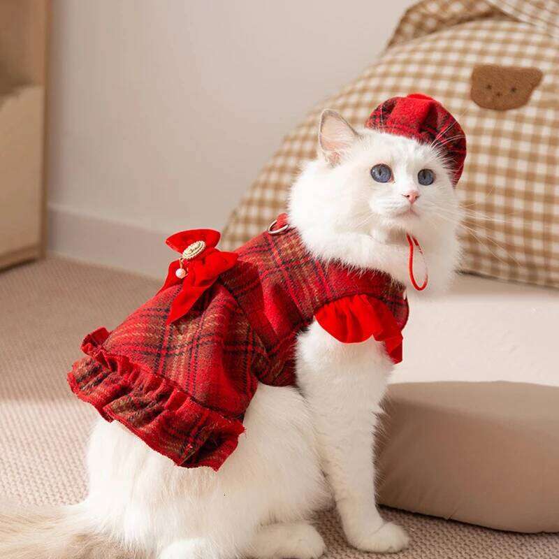 Fleece-Lined Bow Pet Dress Winter Warmth Two-Legged Clothes Pretty Checkered Skirt for Puppies Dog Accessories H260130