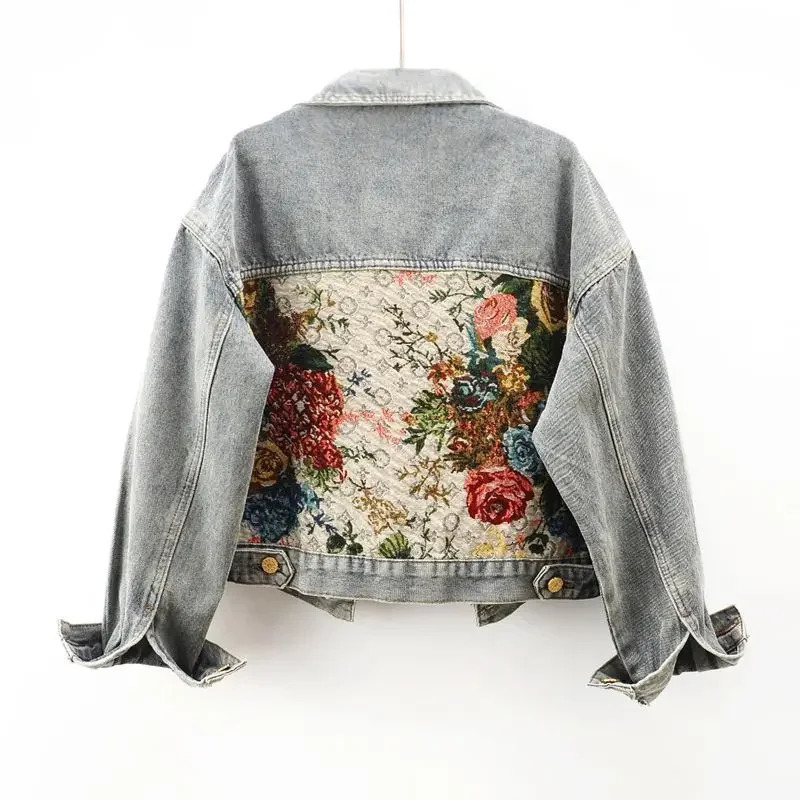 Fashion temperament denim jacket womens autumn and winter short Joker print splicing long sleeve lapel 260120