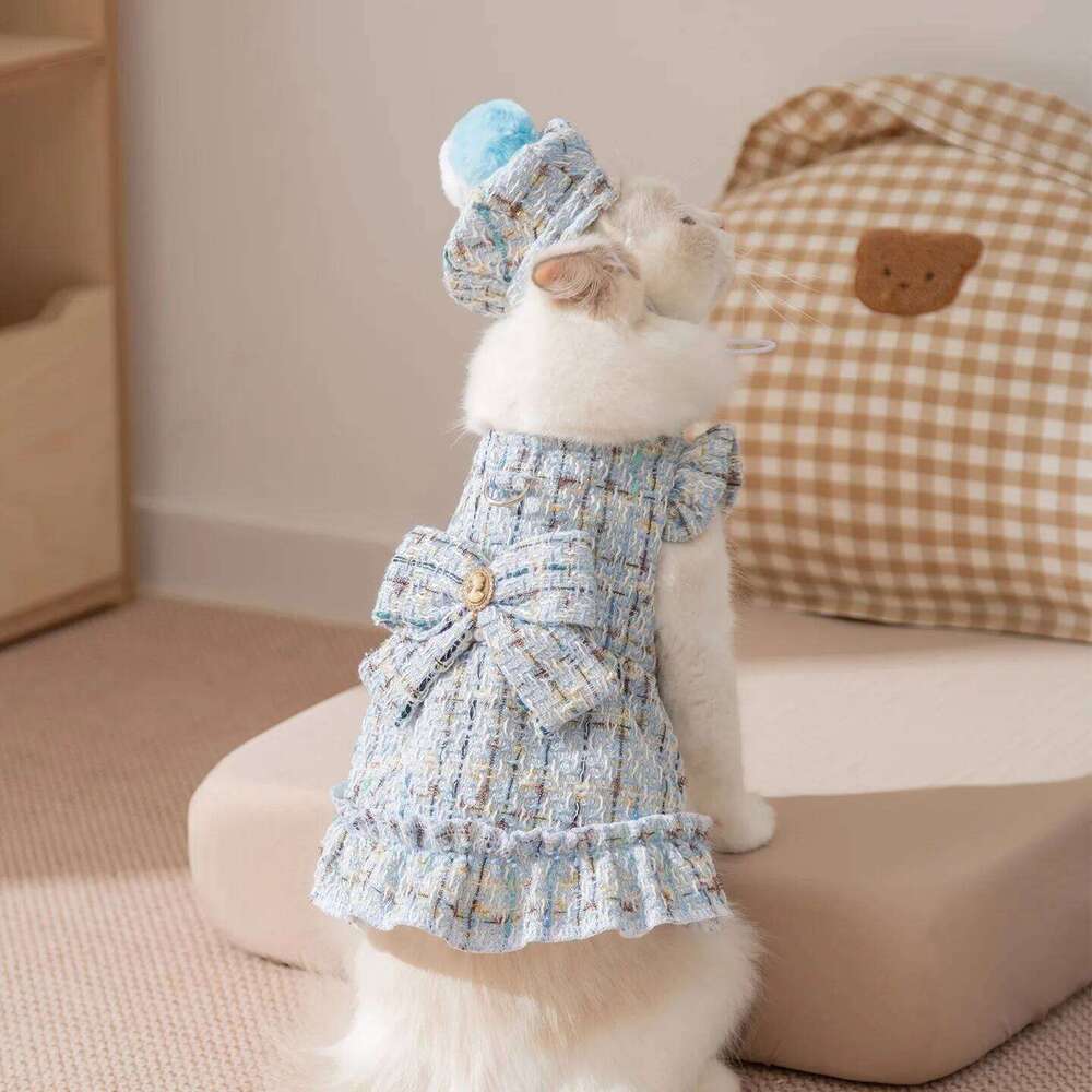 Fleece-Lined Bow Pet Dress Winter Warmth Two-Legged Clothes Pretty Checkered Skirt for Puppies Dog Accessories H260130