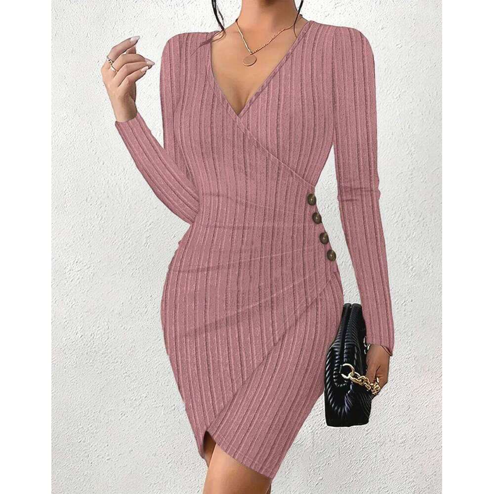 Women's V-Neck Long Sleeve Bodycon - Ribbed Knit Mini Dress with Button Detail Sexy Wrap Style for Party & Night Out XJ260131