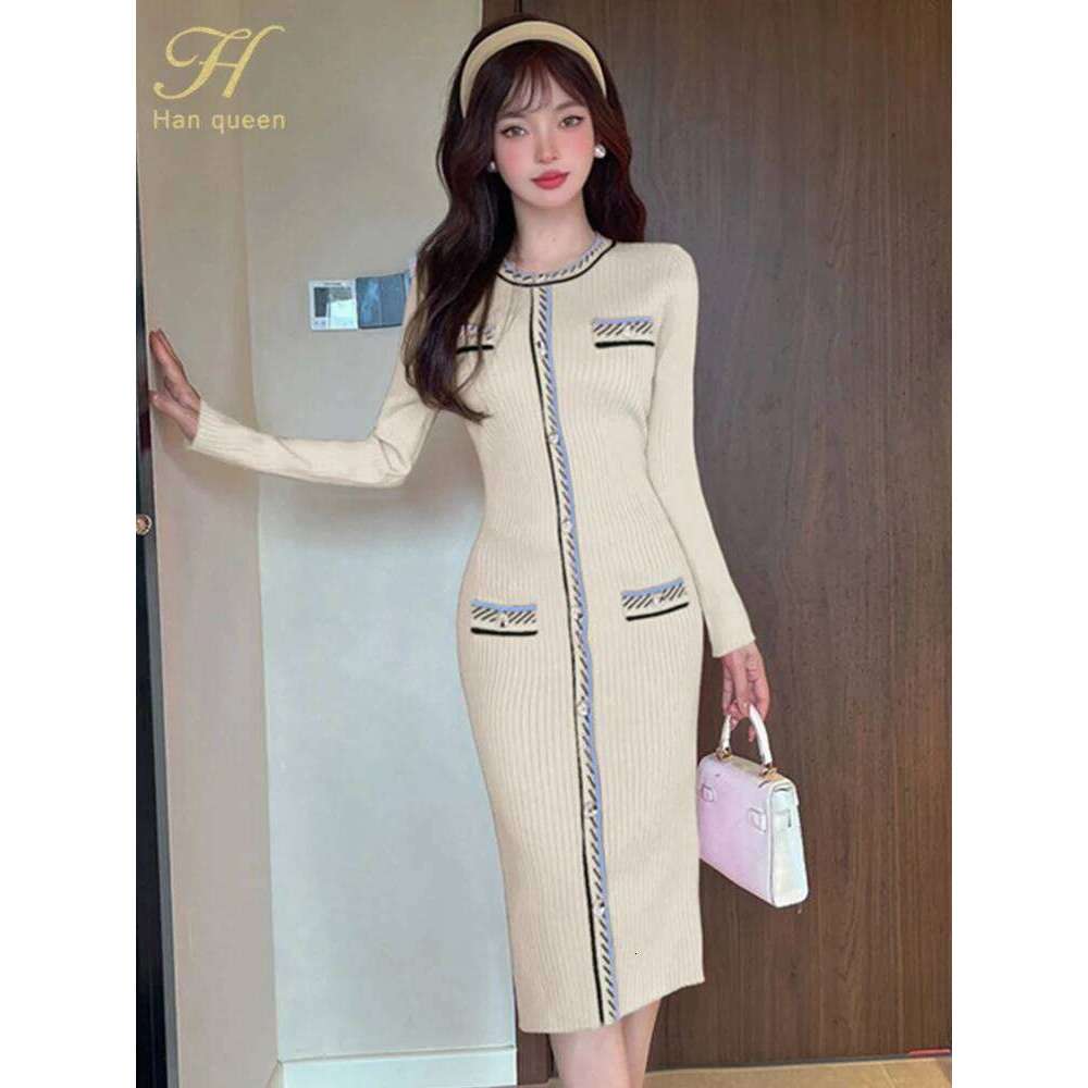 Simple Office Women's O-Neck Bodycon Sexy Sheath Pencil Dresses Autumn Casual Sweater Knitted Dress XJ260131