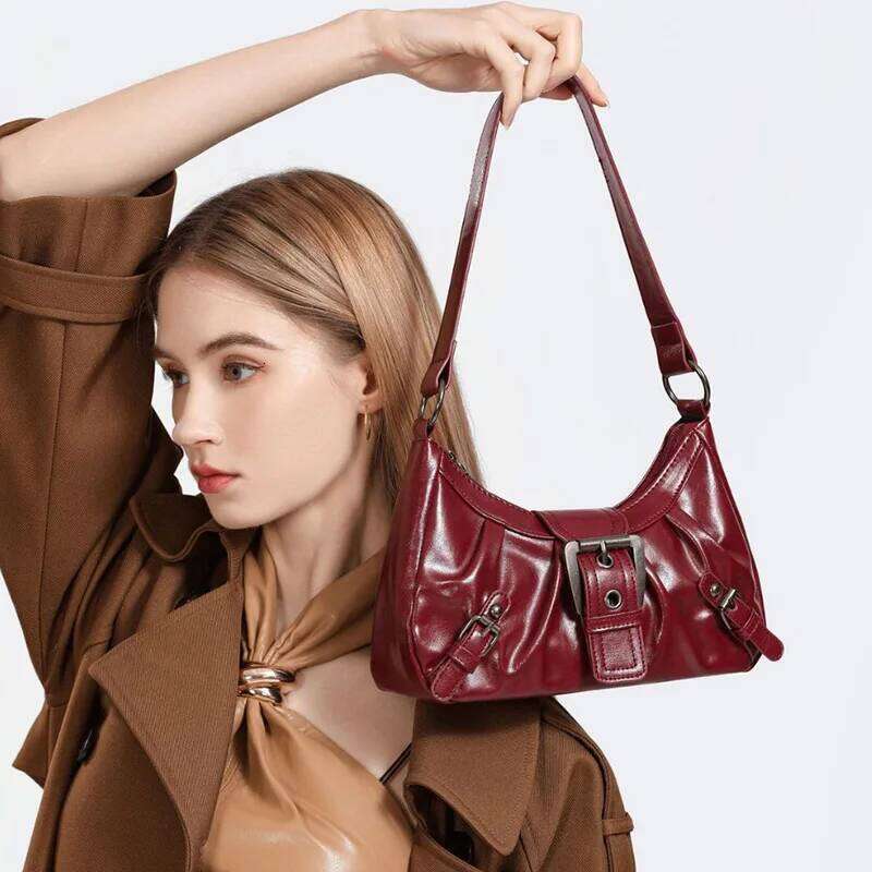 Bags Y2K Retro Style Maillard Pleated Rivet Armpit Bag, Fashionable Ladies Cool Leather Shoulder Bag