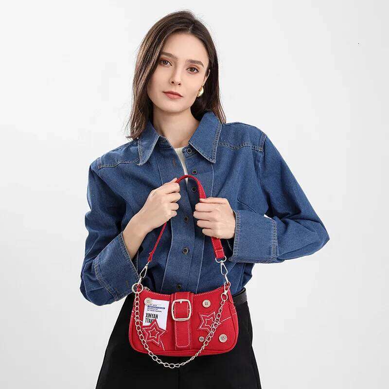 Fashion Women's Handbags Blue Denim Stars Pattern Cool Girls Y2K Underarm Canvas Female Small Shoulder Bags Chain Tote Bag