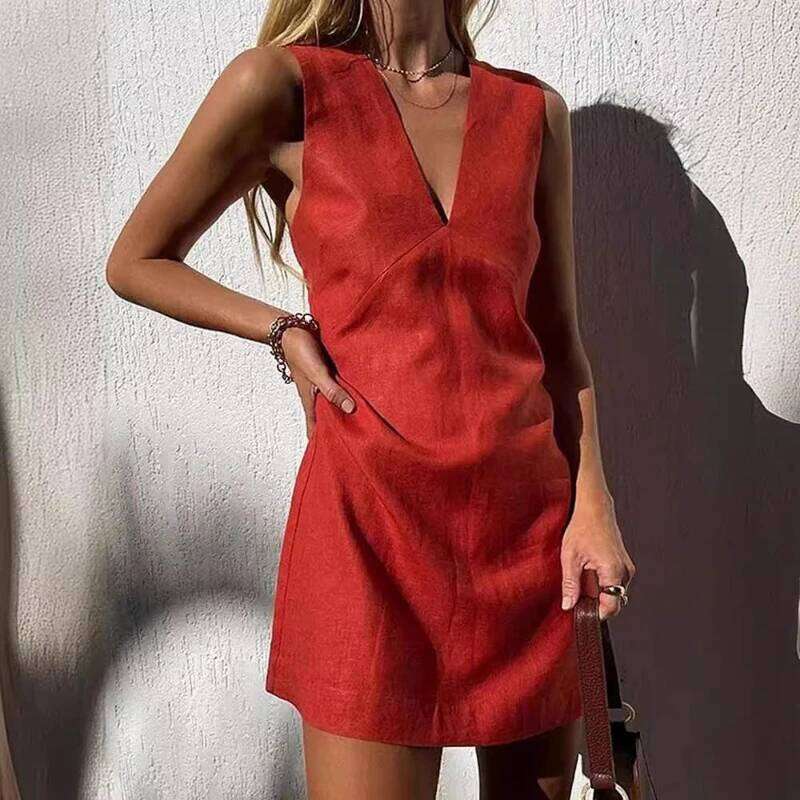 Cotton Linen Dress Sleeveless V-neck Solid Color Slim Vest Skirt 2025 Spring and Summer Fashion Elegant Women's Wear XJ260131