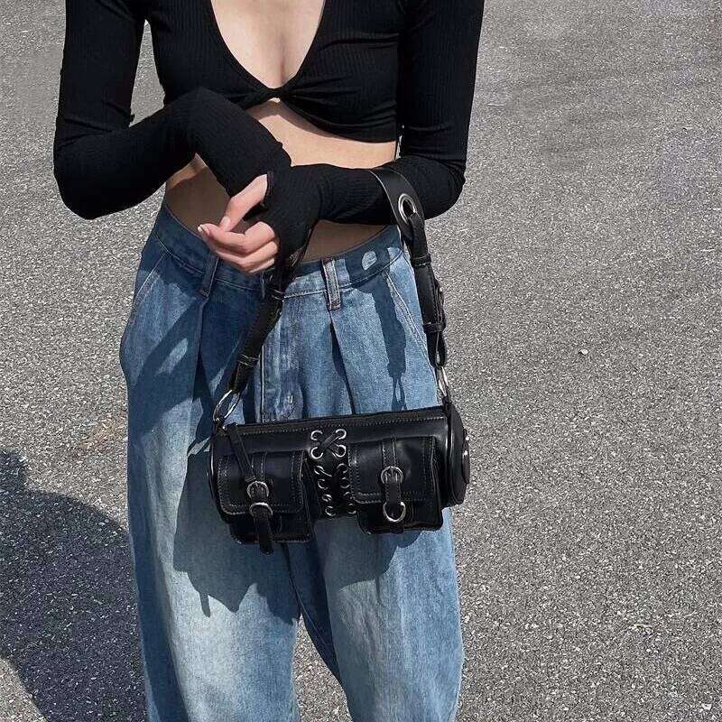 Vintage Black Women Cylinder Underarm Bags Double Pocket Design Ladies Shoulder Bag Fashion Female PU Leather Purse Handbags