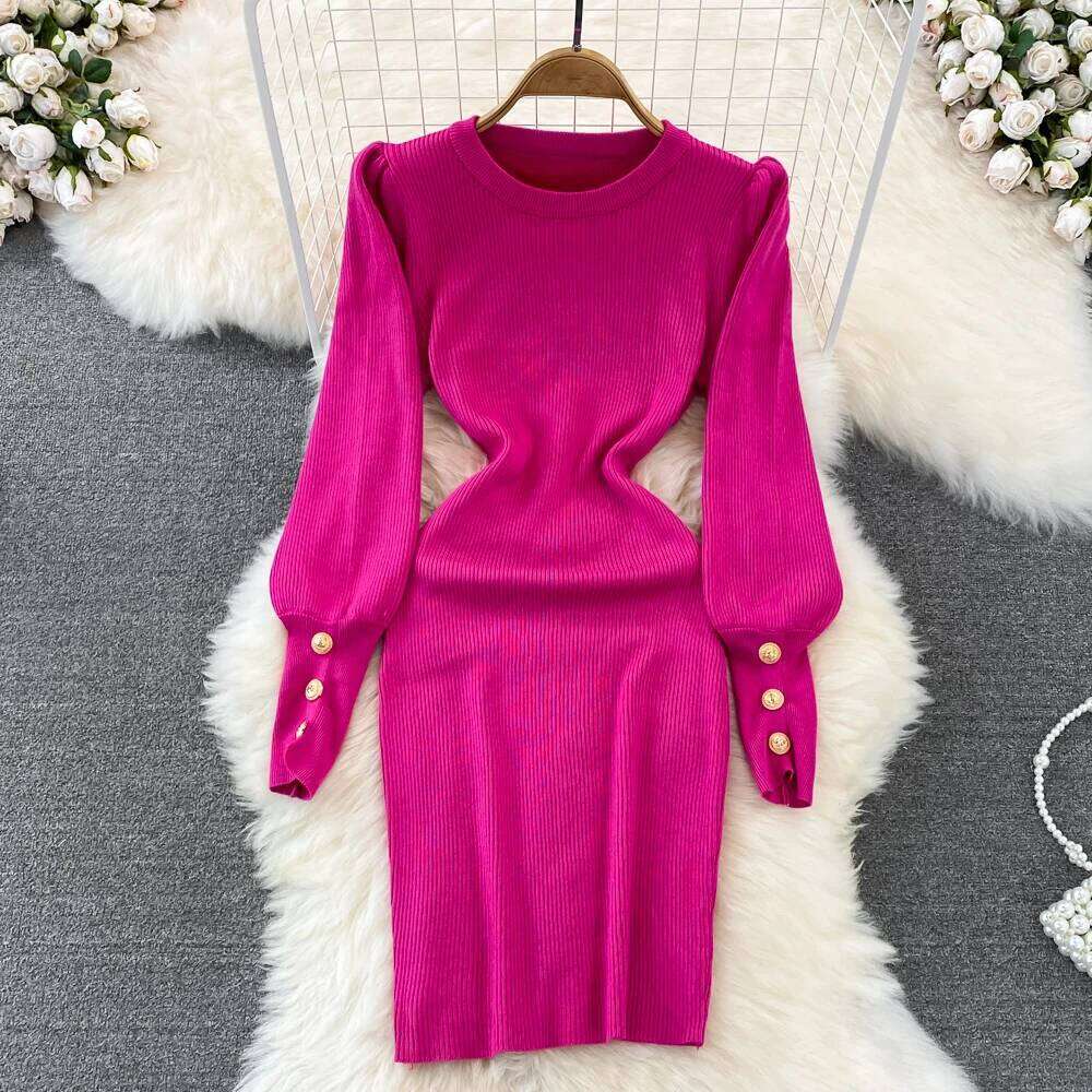 New Bottons Sexy Knitted Dress Elegant Long Sleeve Slim O Neck Fashion Ladies Party Bodycon Sweater Midi Dresses XJ260131