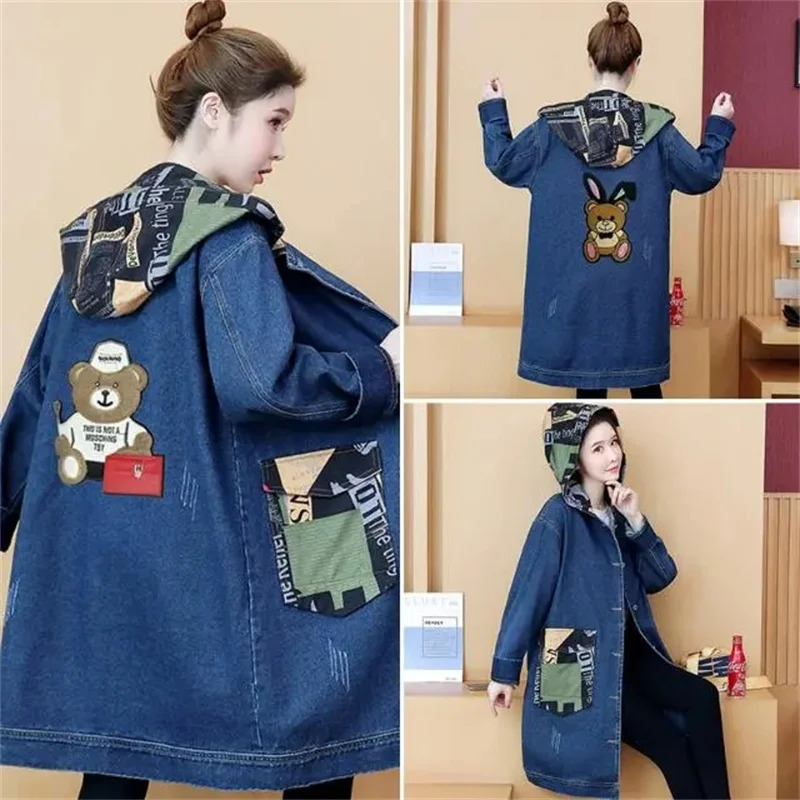 2025 Spring Autumn Denim Jacket Women Hooded Windbreaker Cartoon Printed Coat Long Outerwear Female Oversize 5XL Loose Overcoat 260120