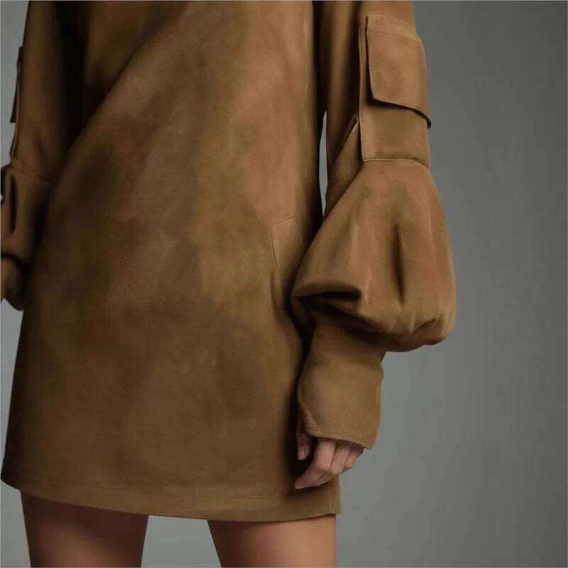 2025 American Retro Fashion Women Suede Business High Collar Long Sleeve Pocket Casual Midi Dresses Streewear Dress XJ260131