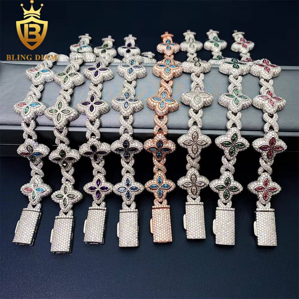 19mm Multiple Options Marquise Cut Flower New Design Colorful 925 Sliver Moissanite Clover Iced Out Bracelet