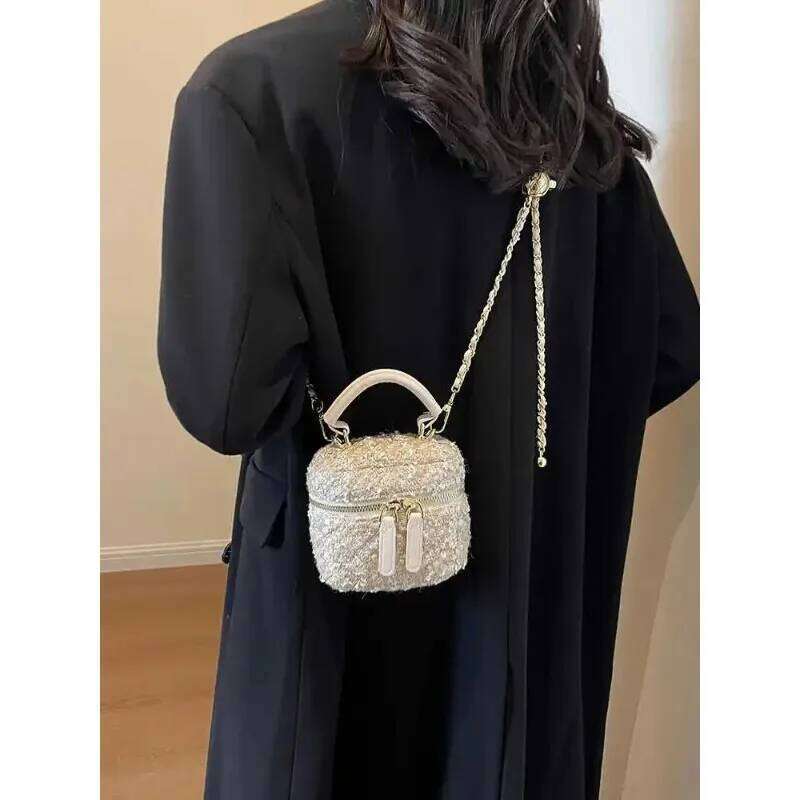 Ladies' Mini Handheld Bucket Bag 2025 Spring Summer New Sparkling One Shoulder Bags Casual Versatile Grid Chain Crossbody Pack XJ260131
