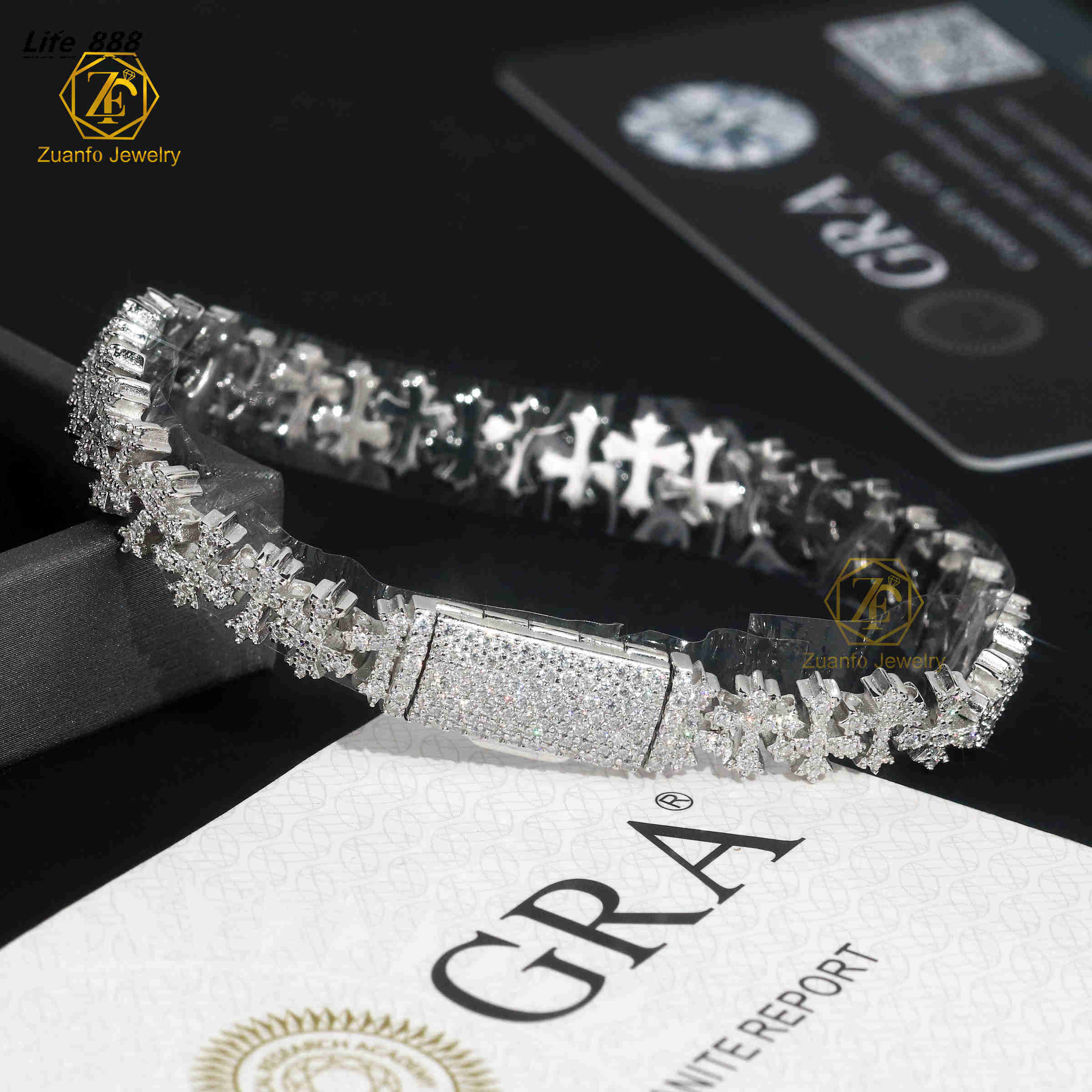 Cross Heart Shape 925 Solid Silver Iced Out GRA VVS Moissanite Bracelet for Women/mens Jewelry