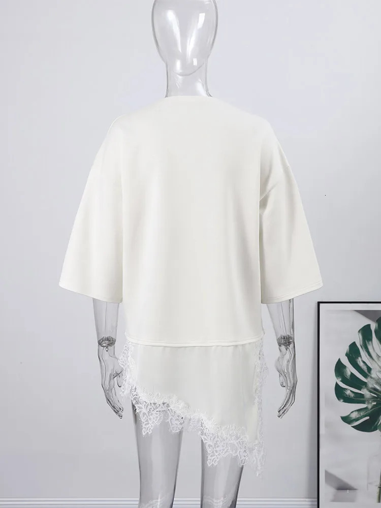 Lace Spliced Irregular Top Women Loose O-neck Half Sleeve White Black T-shirts Female 2026 Fashion Lady All-match Chic Tops 260120