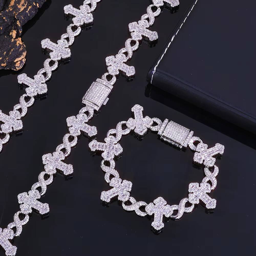 NUOYA Hip Hop Bracelet 15MM Cuban Chain 925 Silver Iced Out Baguette VVS Moissanite Cross 8 Symbol Infinity Fine Jewelry