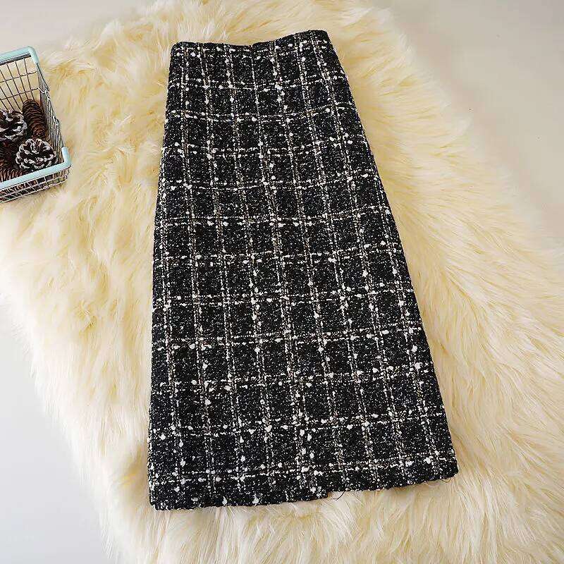 OCEANLOVE Faldas Mujer Plaid Vintage Knee Length Autumn Winter Woolen Women Skirts Korean Jupe Femme XJ260131