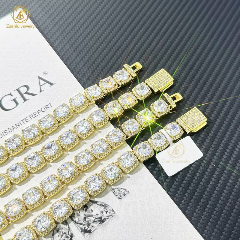 ZUANFO 10mm Iced Out Cuban Link Chain Baguette Cut Moissanite Hip Hop Jewelry Silver Flower Cluster Tennis Necklace