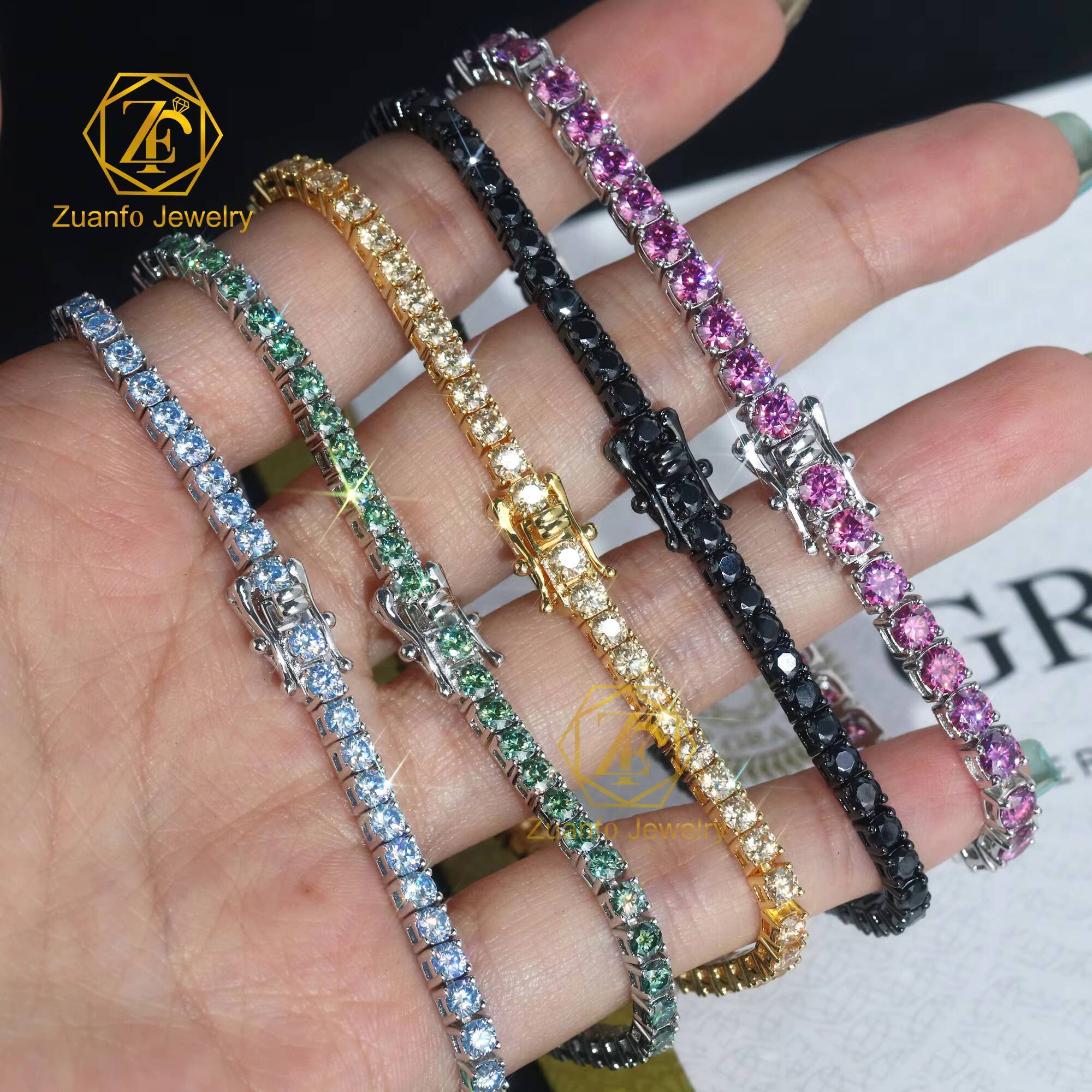 ZuanfoJewelry Customize Moissanite Chain 3/4/5mm 18k Gold Plated Silver Yellow Blue Green Hiphop Tennis Chain Bracelets