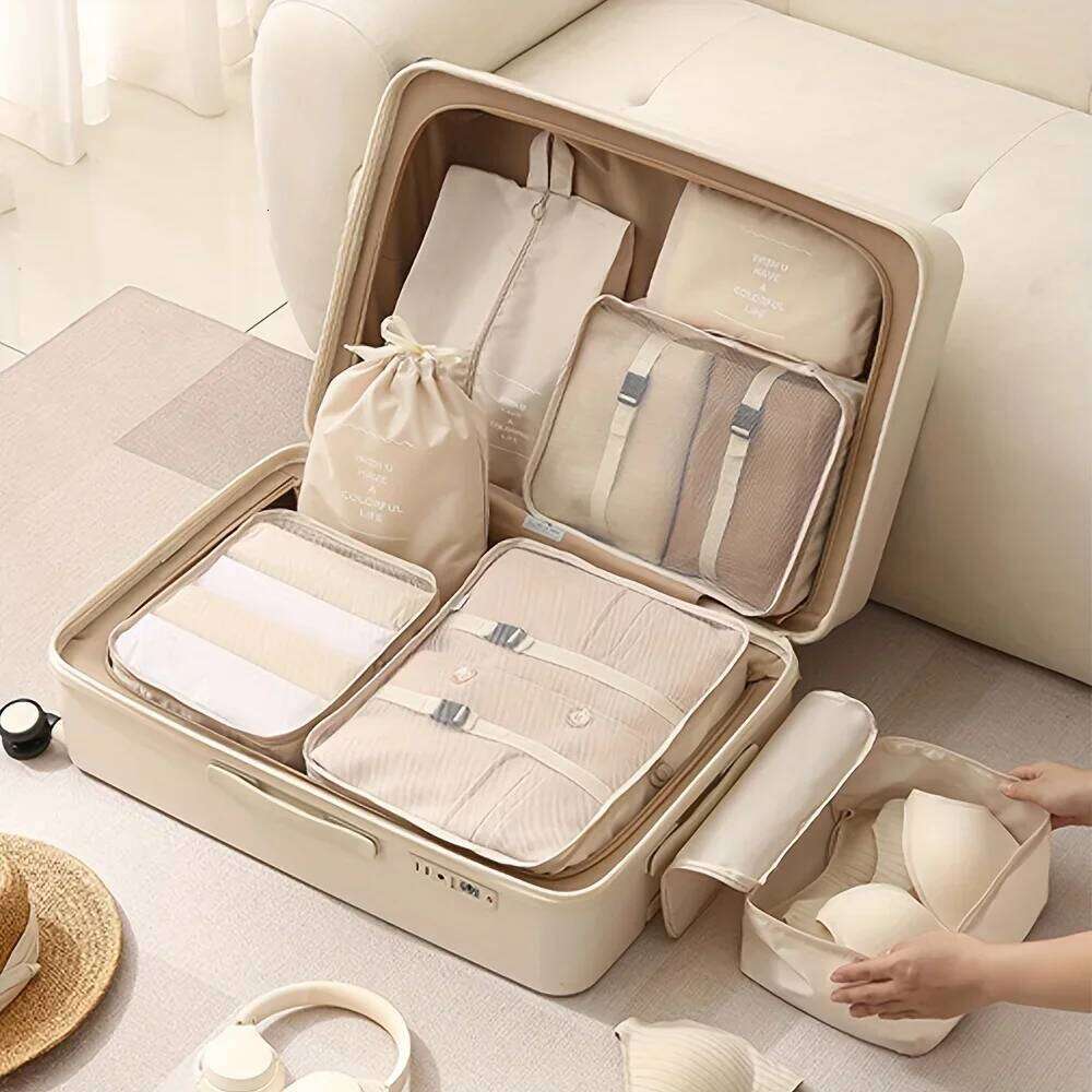 7pcs Large Capacity Travel Organizer Set, Nylon Packing Cubes With Storage Pouch Vacation Style, Portable Luggage Bags