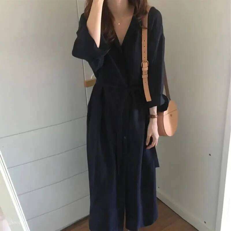 Fashion V-Neck Button Solid Color Bandage Shirt Women's Clothing 2025 Spring New Loose Long Sleeve All-match Casual Dress XJ260131