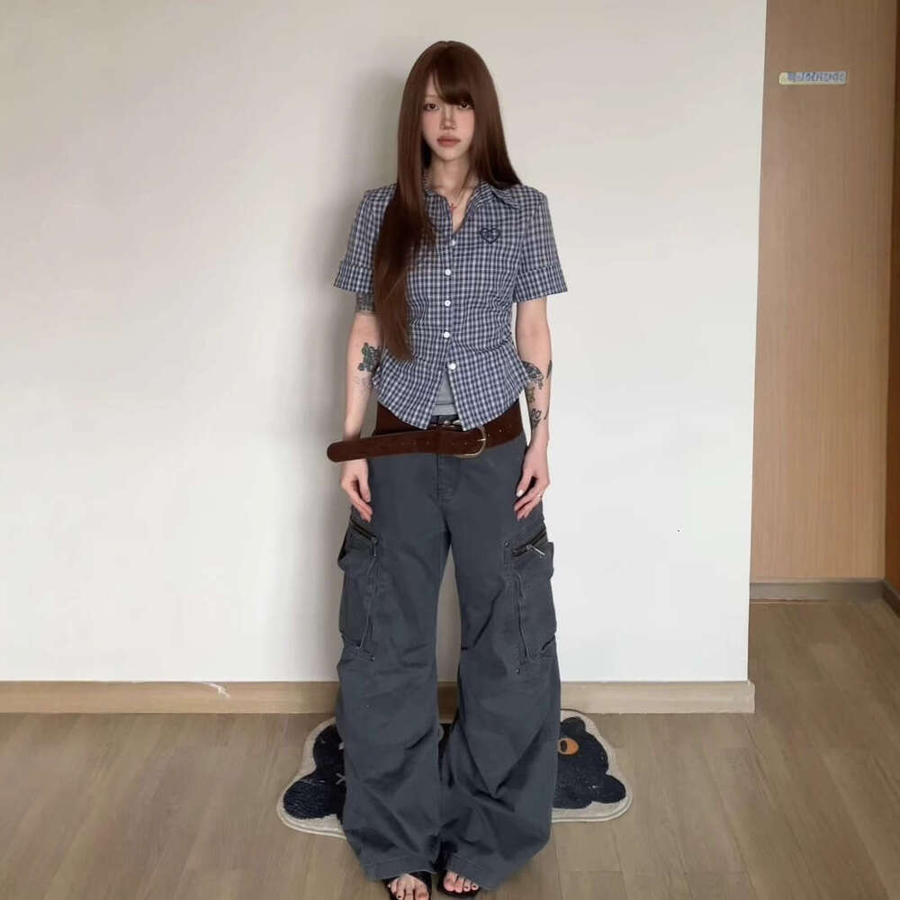 American Retro Heart Embroidery Plaid Shirt For Women, Summer Irregular Pleated Waist Slimming Blue Short Sleeve Top