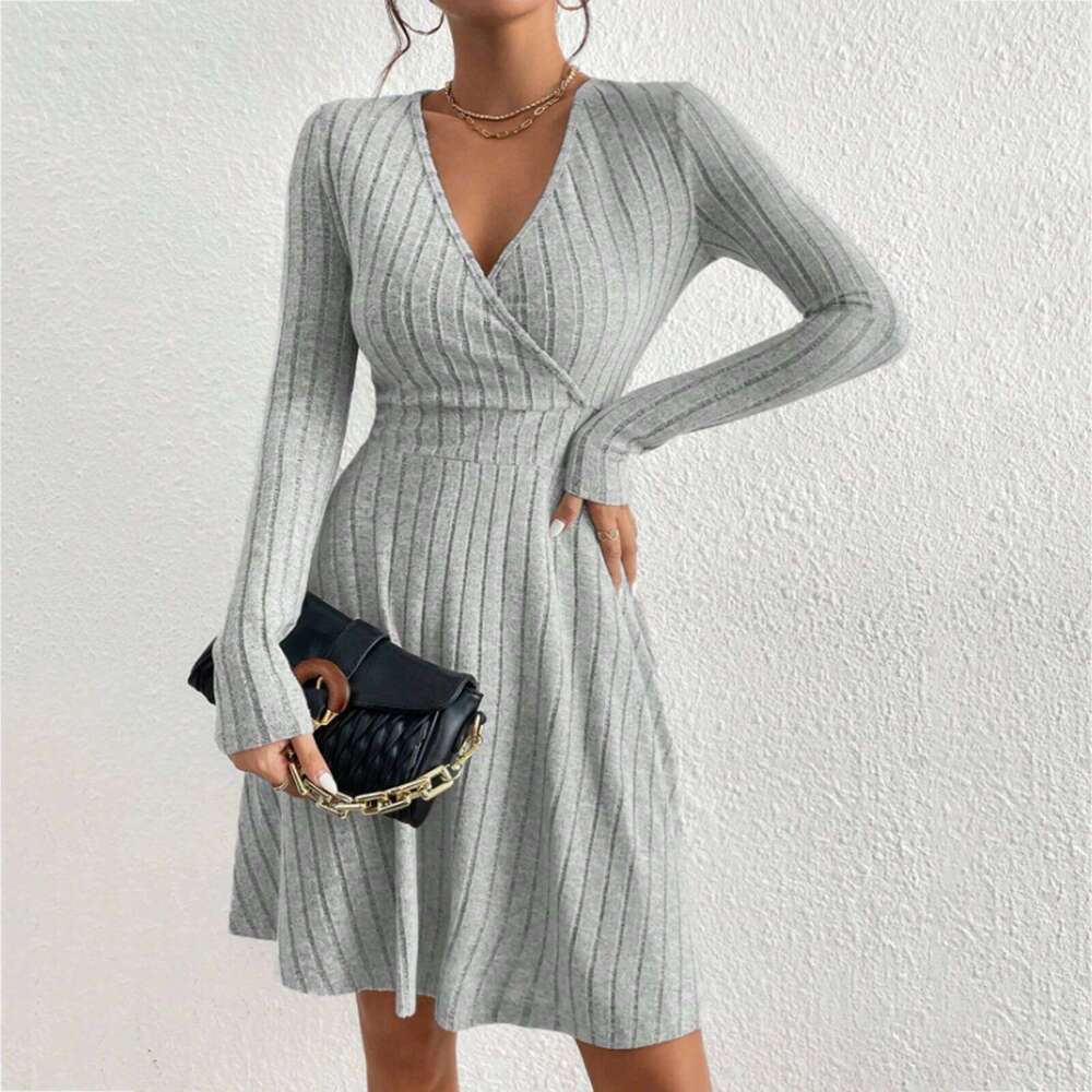 Ladies' Waist A-Line Autumn Basic Solid Long-Sleeved V-Neck Dresses Daily Date Fashion Casual Party Simple Elegant Dress XJ260131