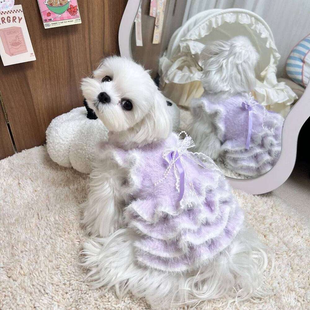 Autumn Winter Pet Knitted Warm Sweater Dress With Puff For Small Dogs & Cats Yorkshire Plush Lined Skirt H260130