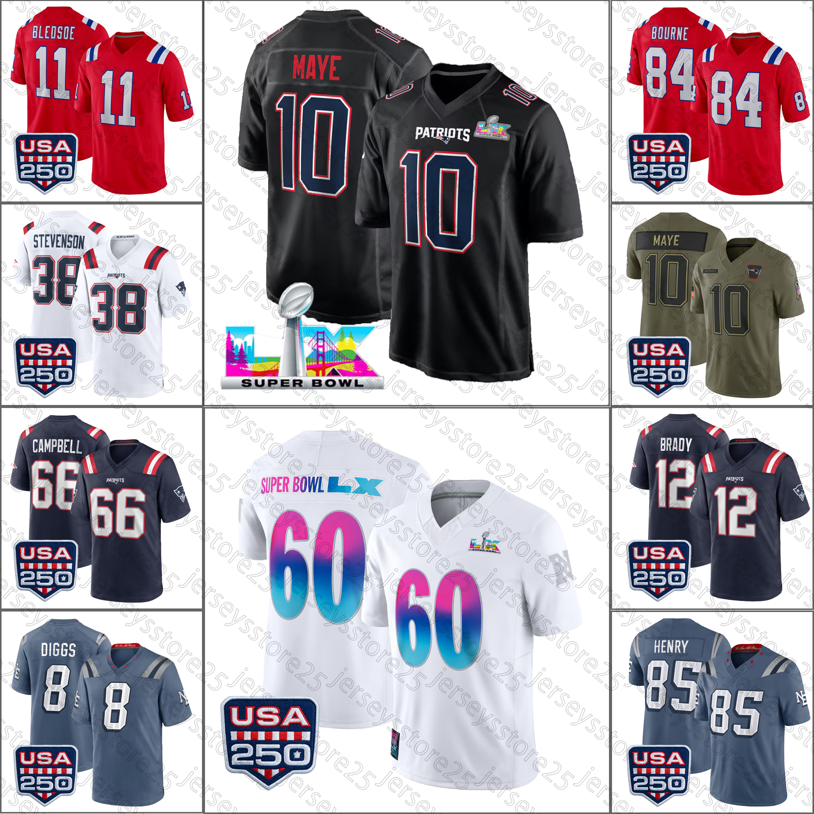 Drake Maye Football Jersey Christian Gonzalez Stefon Diggs Will Campbell Hunter Henry TreVeyon Henderson Kayshon Boutte Super Bowl Patriot Jerseys