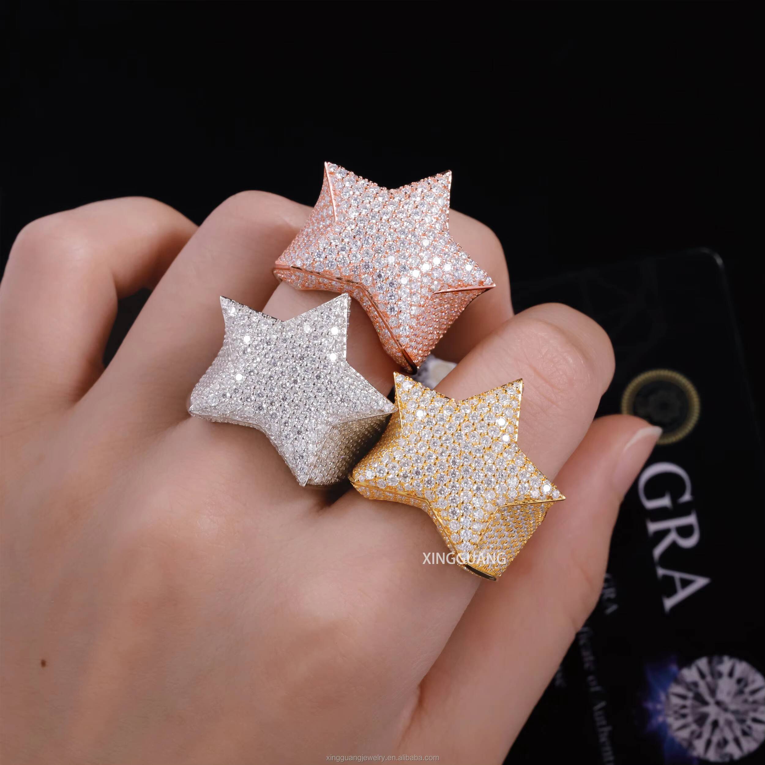 Hot Sale Gold Plated 611 Full Size Lucky Star Ring Ice Out Moissanite Hip Hop Style Cuban 925 Sterling Silver Rings for Men