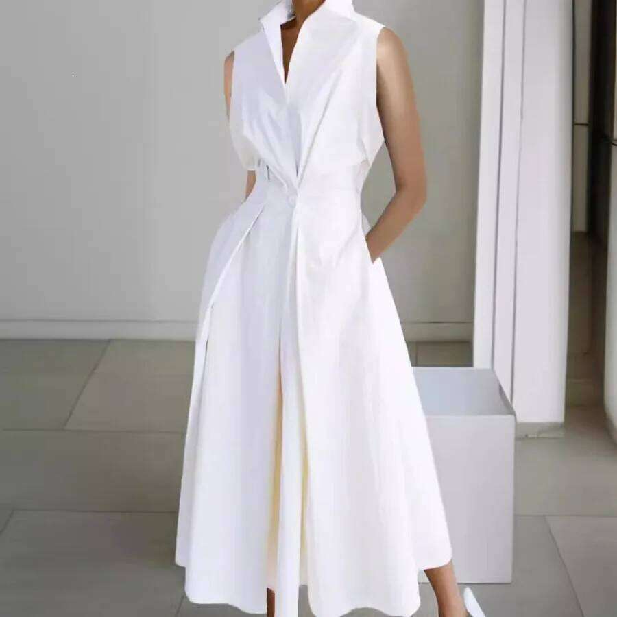 DSMTRC Elegant Work Dresses Womens Office Wear Summer Solid V-neck Stand Up Fashion Button Dress Lady Sleeveless Pocket Vestidos XJ260131