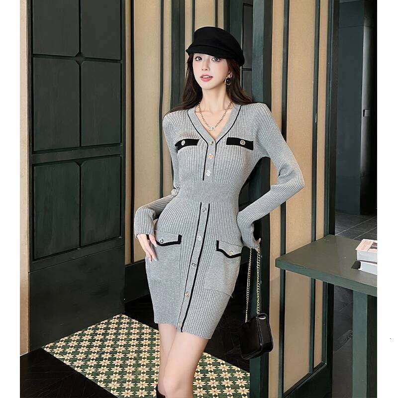 Korean Autumn Winter Grey Patchwork V Neck Elegant Short Women Button Long Sleeve Holiday Wrap Hip Knitted Mini Dress 2025 XJ260131