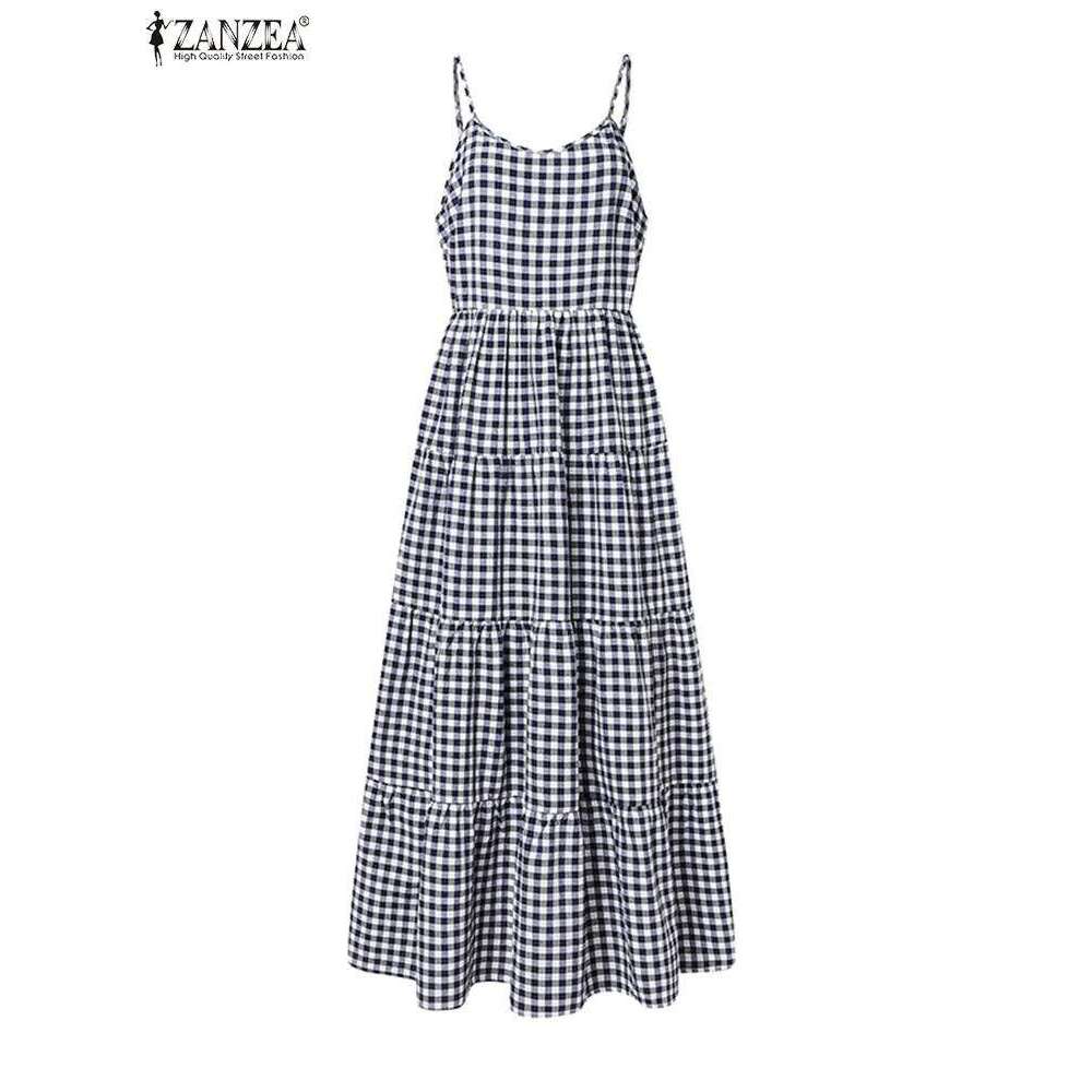 2025 ZANZEA Summer Elegant Sleeveless Maxi Dress Women Straps Dresses Bohemian Holiday Sundress Fashion Plaid Checked Vestidos XJ260131