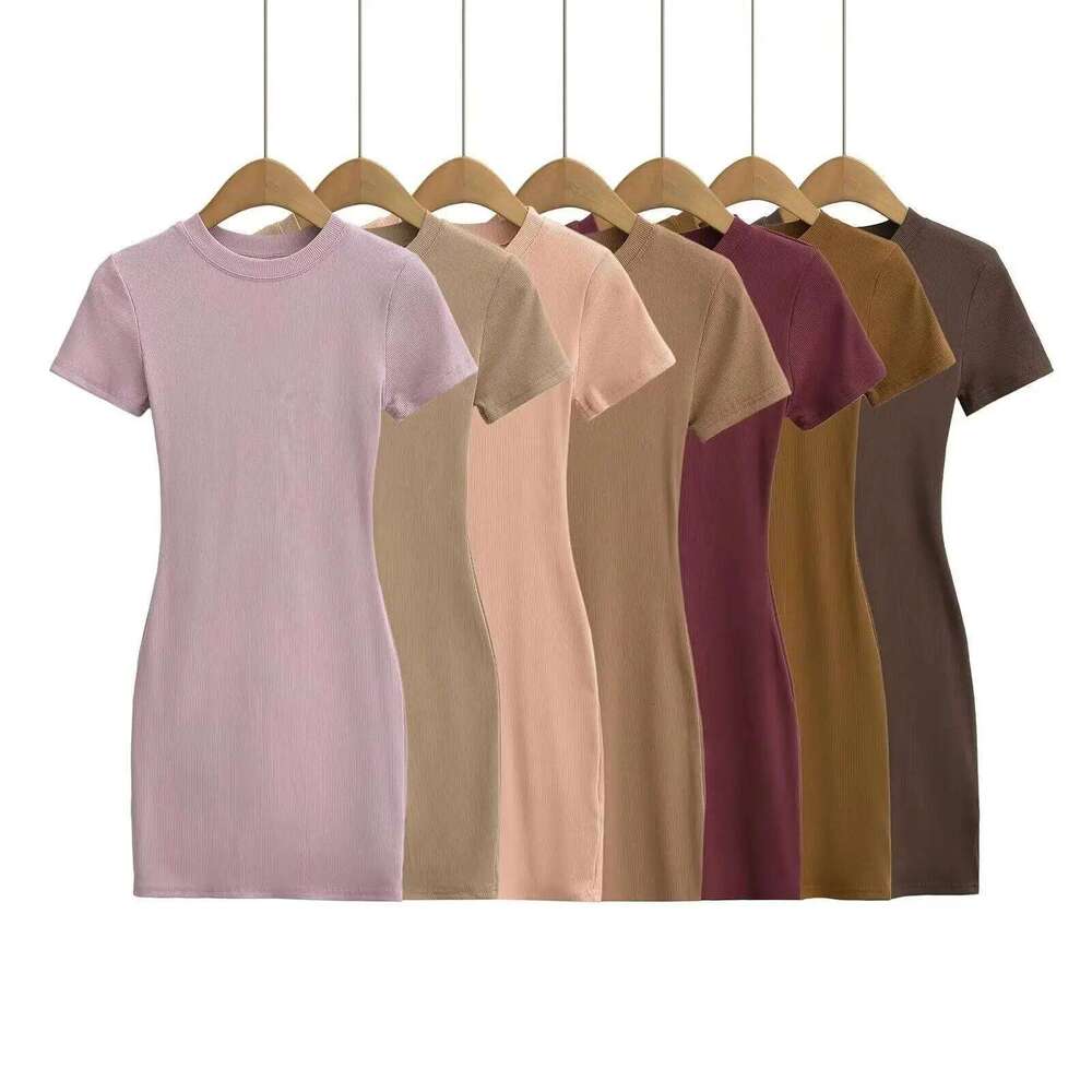 Summer Short Sleeve O-neck Knitted Mini Dress Women Solid Color Basic 14 Colors Dresses XJ260131