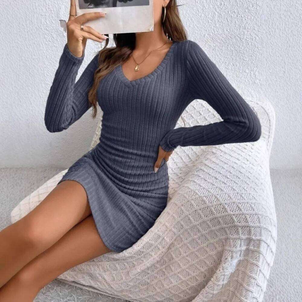 Women's Ribbed Bodycon - Long Sleeve V-Neck Slim Fit Midi Dress for Fall, Work, Date Night and Casual Chic XJ260131