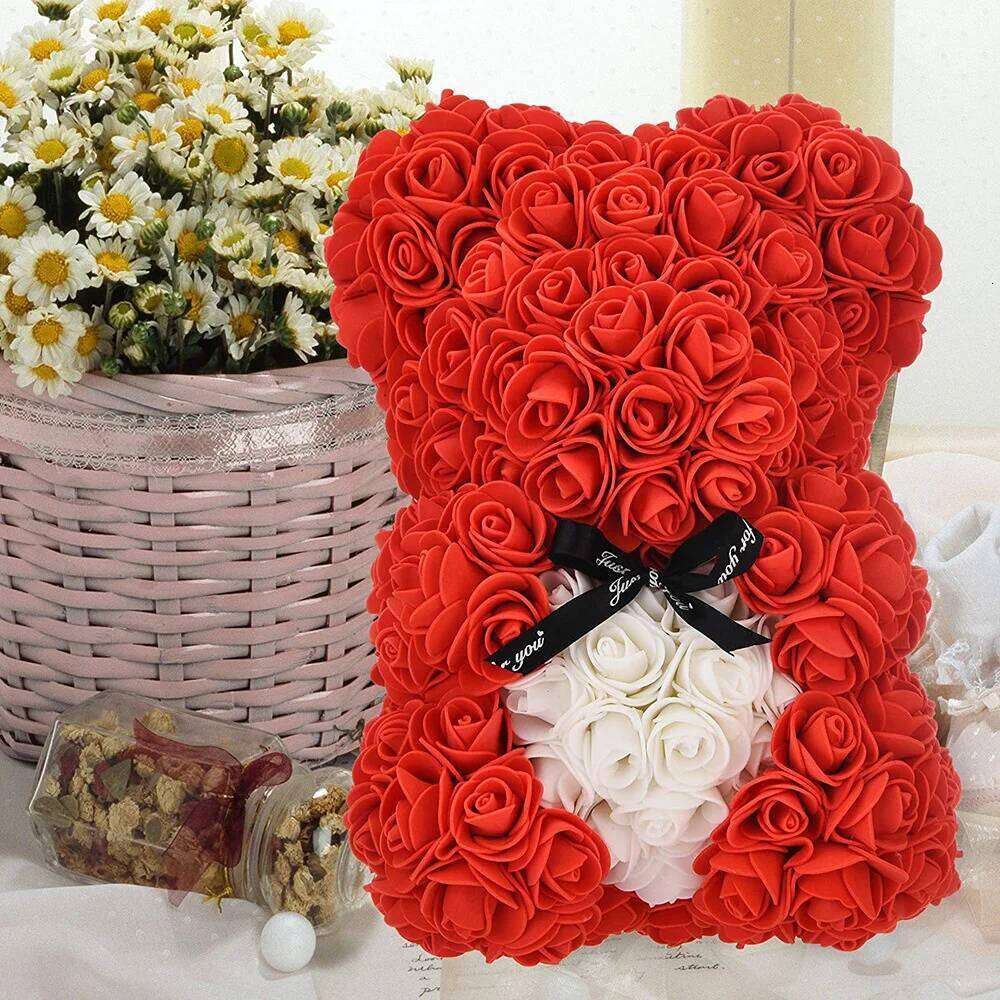 1Pcs 25cm Artificial Foam Rose Flower Teddy Bear Valentines Day Gift Birthday Supplies Wedding Party Decoration Y260131