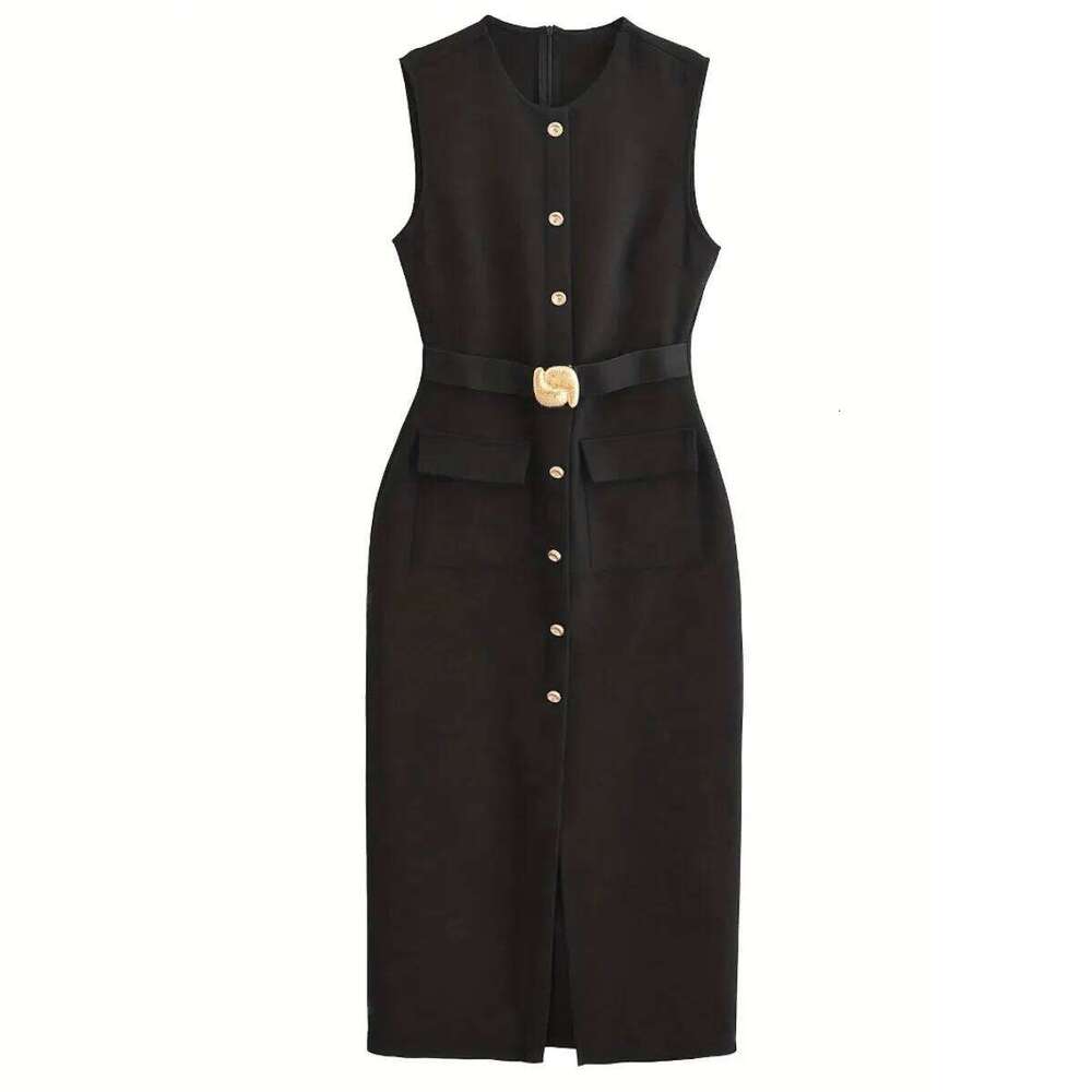 Womans Sleeveless Crew-neck Solid-color Waist-cinched Dress Tailored Button-down Long Skirt for Commuting Wear Formal Dinners XJ260131