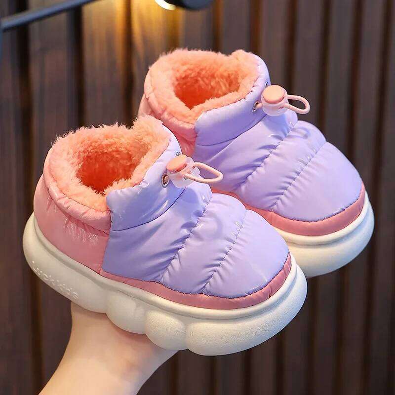Children Winter Cotton Slippers Boy Drawstring Heel Down Cloth Waterproof Warm Fleece Girl Color Blocking Kid Casual Shoes Y260128