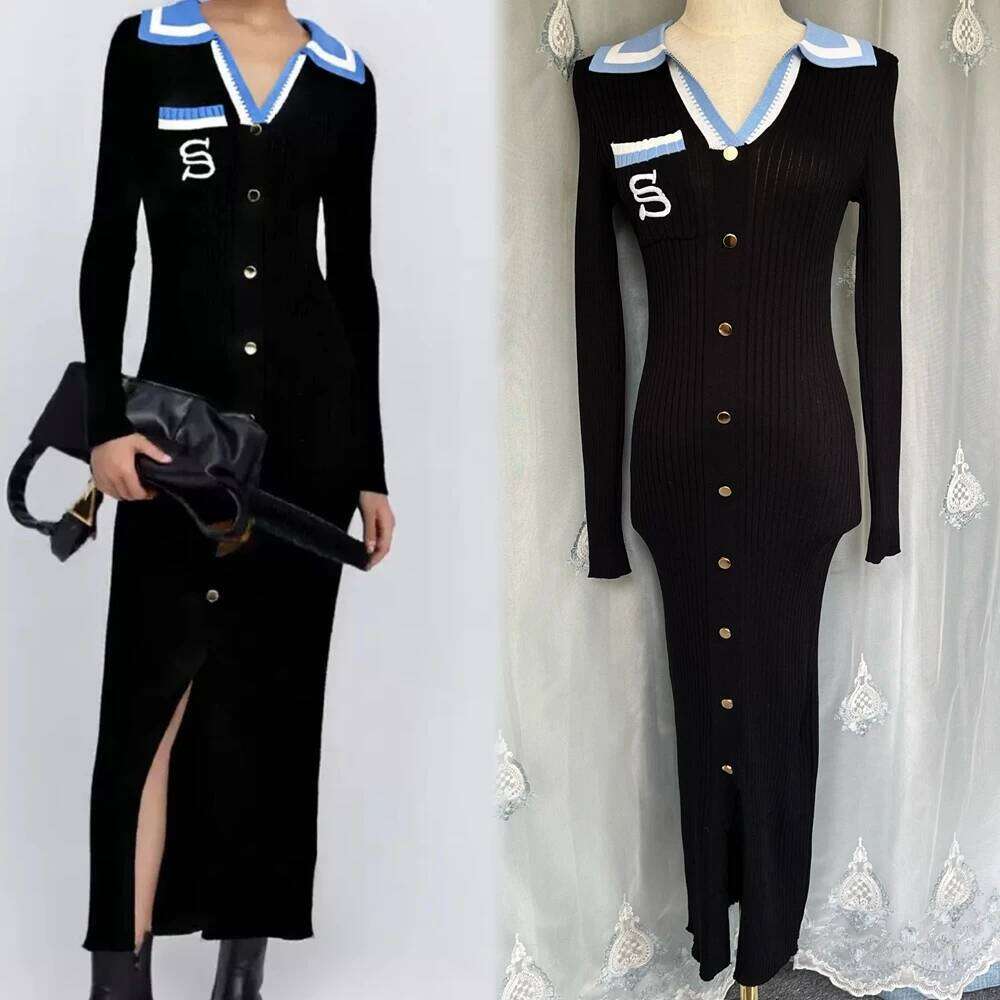 YuooMuoo 2025 Autumn Winter Women Knitted Brand Fashion Aesthetic Turn-down Collar Bodycon Sweater Lady Office Dress XJ260131