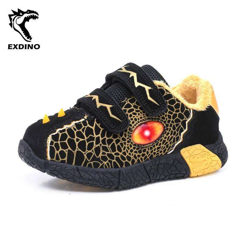 EXDINO Children's Shoes Autumn Mesh Boys Little Kids LED Eyes Light Up Winter Warm inside Outdoor Casual Sports Sneakers 26-31# Y260128