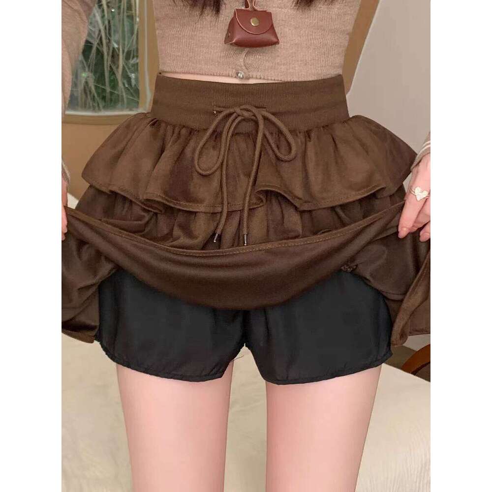 Brown Suede Layered Mini Women 2025 High Waisted A-Line Short Skirt, Coquette Skirt for Fall Winter XJ260131