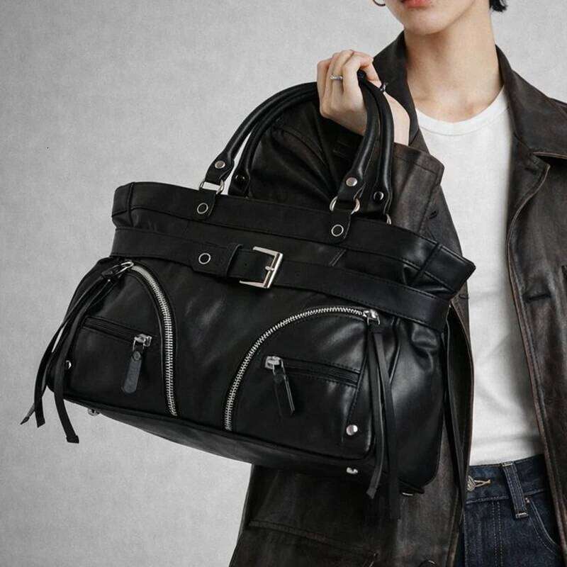 Retro Studded Tote Fashion Y2k Cool Motorcycle Belt Buckle Pendant Shoulder Black Punk Zipper Crossbody Bag Handbag XJ260130