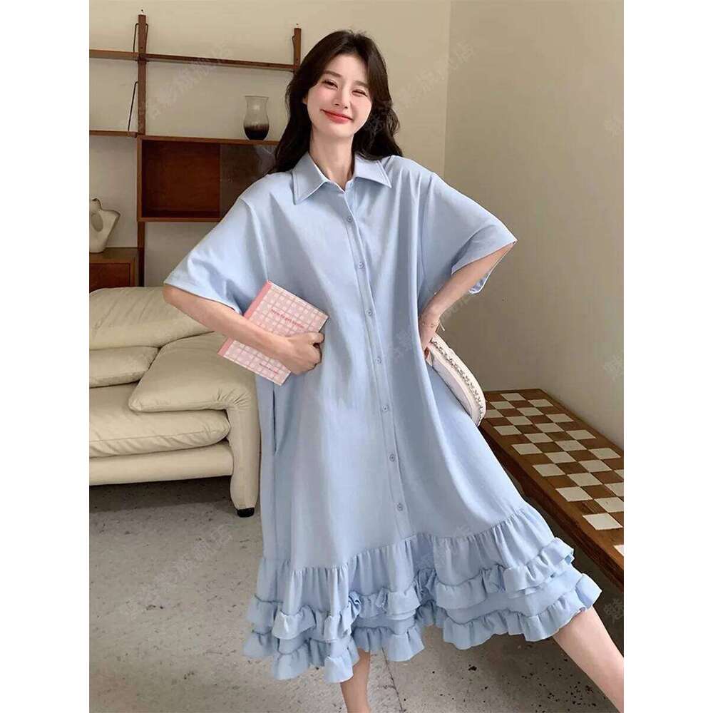 Women Plus Size Casual Summer Spring Short Sleeve Loose Solid Midi DrssNeck Pleated Korean Female Clothing XJ260131