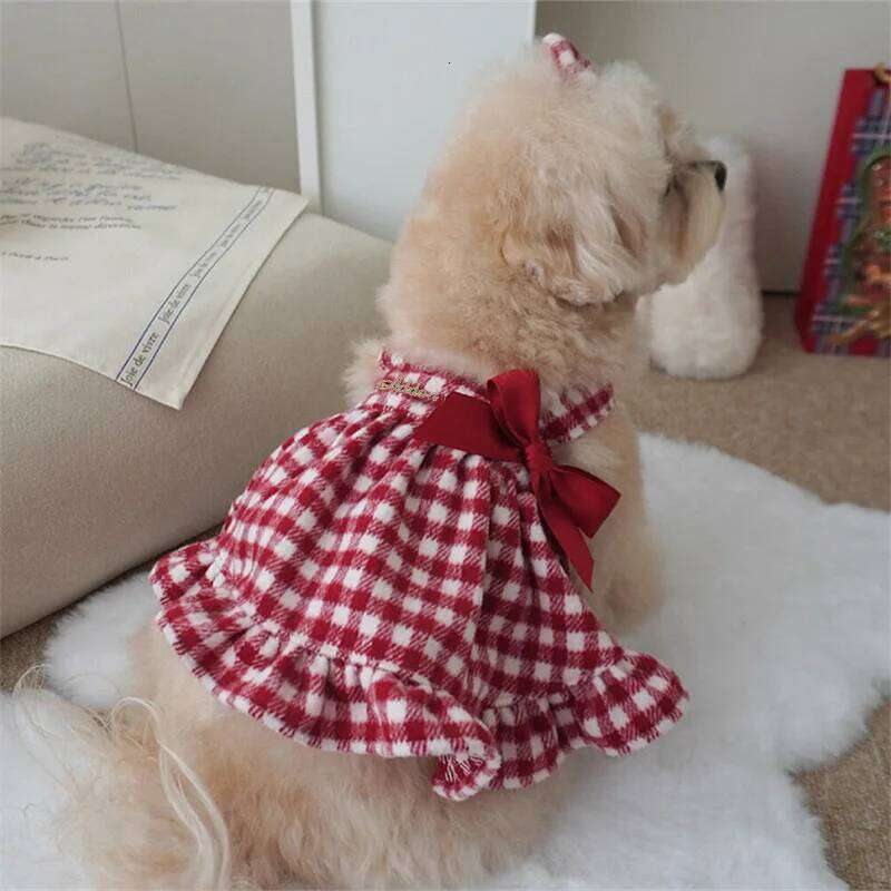 Pet Autumn/Winter Strap Skirt Cat Checkered Bow Vest Christmas Birthday Small and Medium Sized Dog Coat H260130
