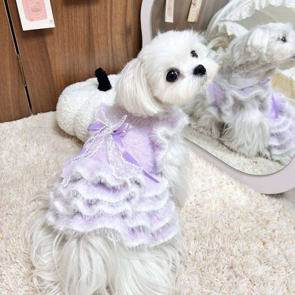 Autumn Winter Pet Knitted Warm Sweater Dress With Puff For Small Dogs & Cats Yorkshire Plush Lined Skirt H260130
