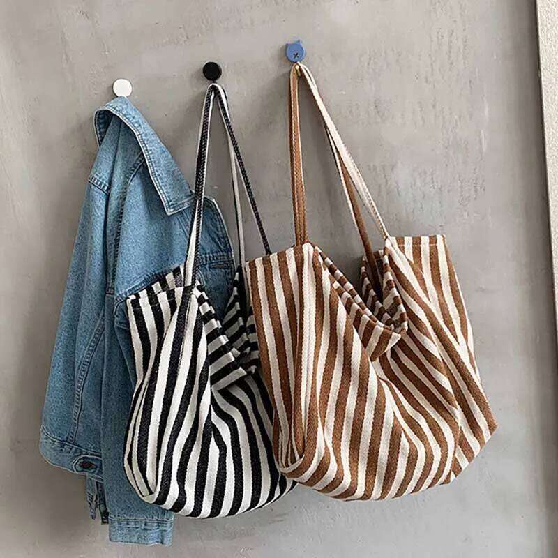 Women's Tote Striped Canvas Casual Handbags For Women Simple Shopping Large Capacity Woman Shopper School Shoulder Bag