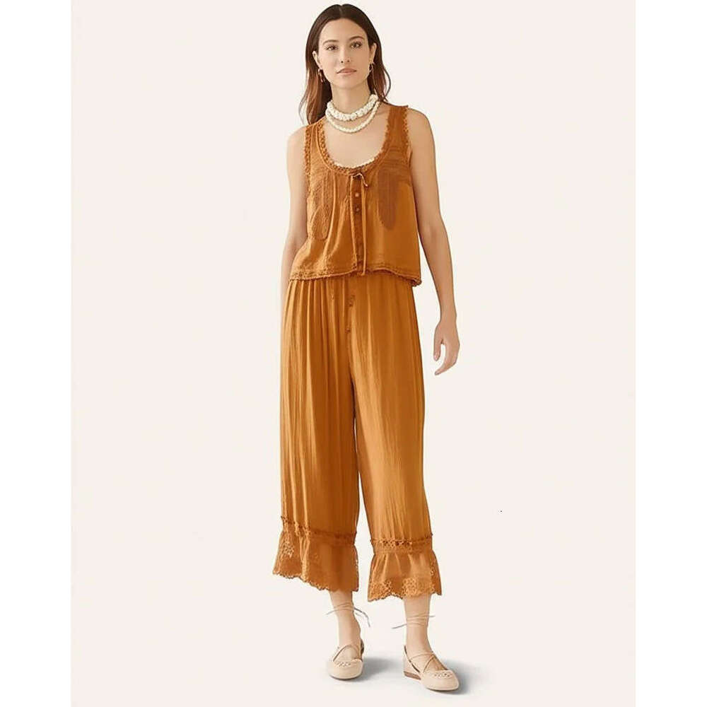 European and American Cross-Border 101.3kg Piece Women's Outfit Nine-Point Pants with Lace Trim Vest Y2K Casual Set