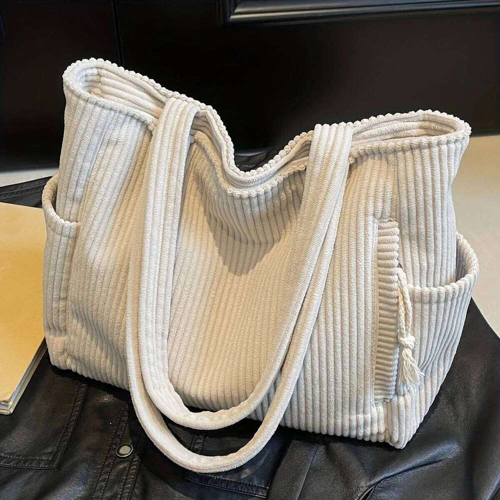 Durable Soft Corduroy Women's Casual Tote Multi-Compartment Zipper Closure Commute Shoulder Bag For Women
