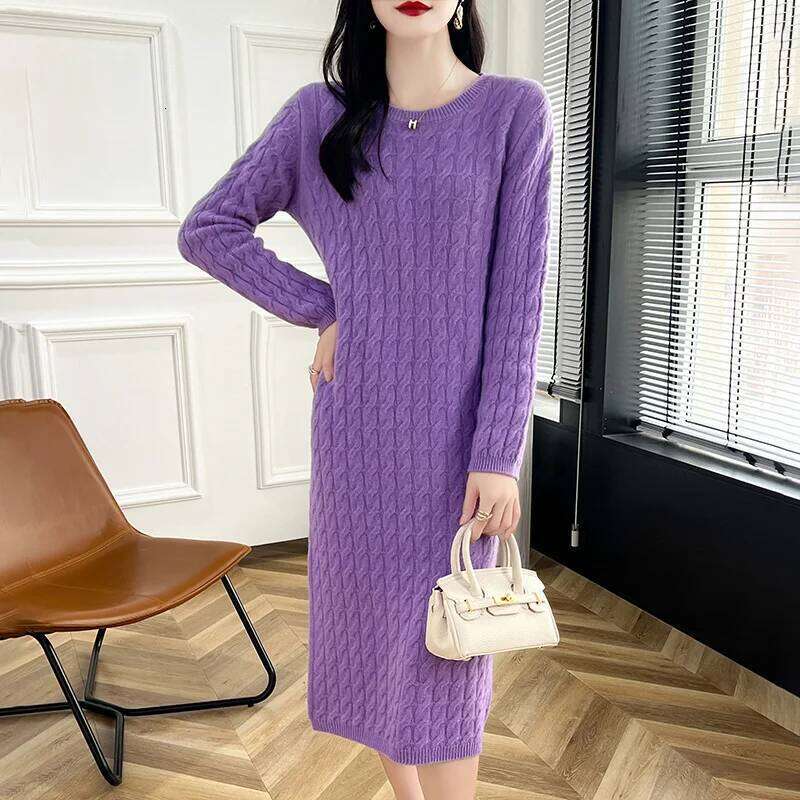 Autumn And Winter New 100% Wool Dress Women's Round Neck Long Twist Loose Knee Cashmere Skirt XJ260131