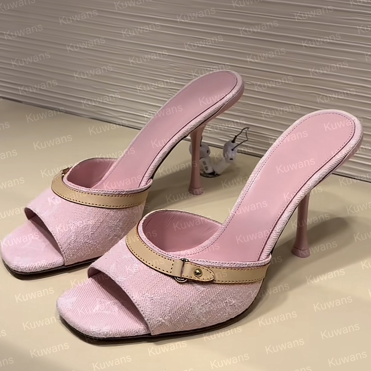 Designer Kitten Heels Women Denim Heel TM 6AM Mule Pink Sandals High Leather Slippers Summer Fall Luxury Pumps Cute Lady Low Heeled Size 35-42