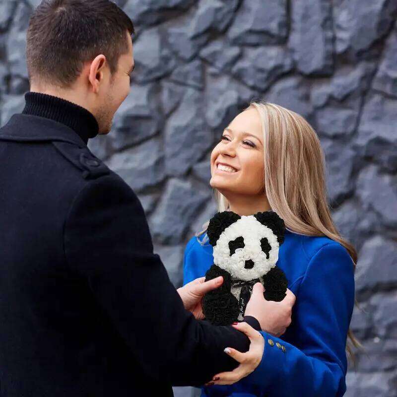 Rose Flower Teddy Bear with Heart/ Bowtie Handmade Panda Doll for Valentine's Day Birthdays Bridal Showers Party Gifts 25cm Y260131